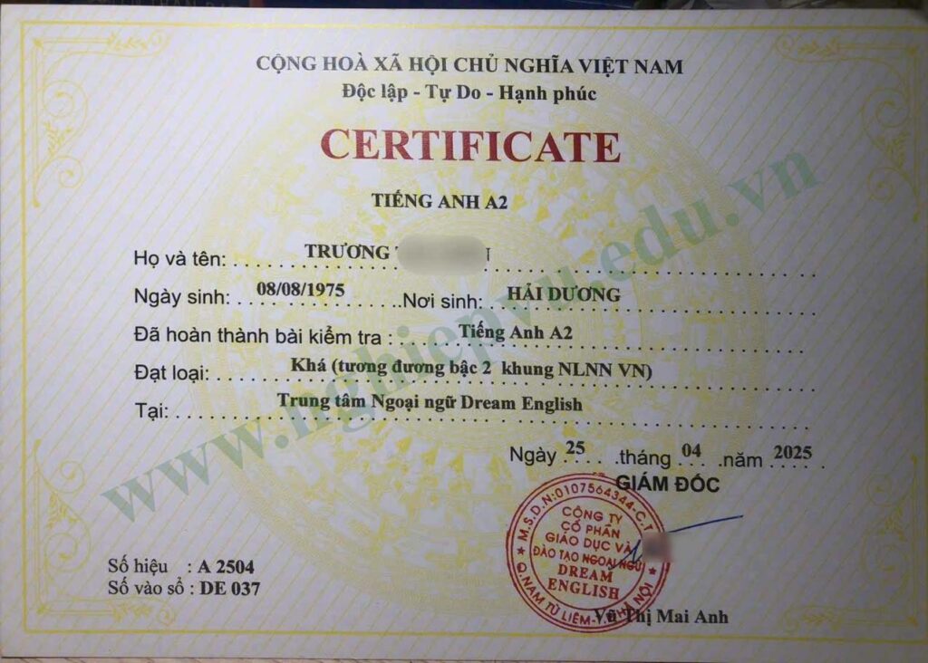 Chứng chỉ tiếng Anh A2 - Nghiệp vụ UEED