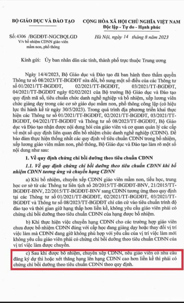 Công văn Bộ GD&ĐT hướng dẫn chứng chỉ chức danh nghề nghiệp giáo viên khi bổ nhiệm CDNN